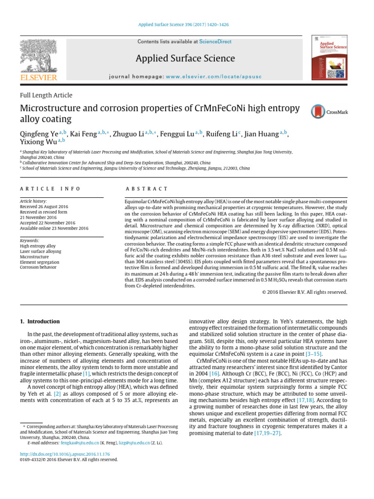 Microstructure and Corrosion Properties of CrMnFeCoNi High Entropy ...