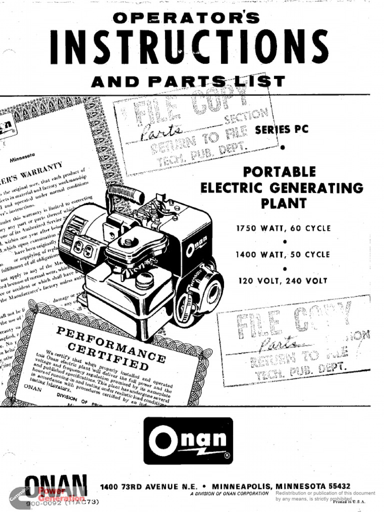 900-0092 Onan PC-series (Spec A-C) Portable Genset Operators & Parts ...