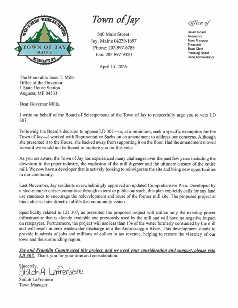 LD 307 Veto Request from Town of Jay | PDF