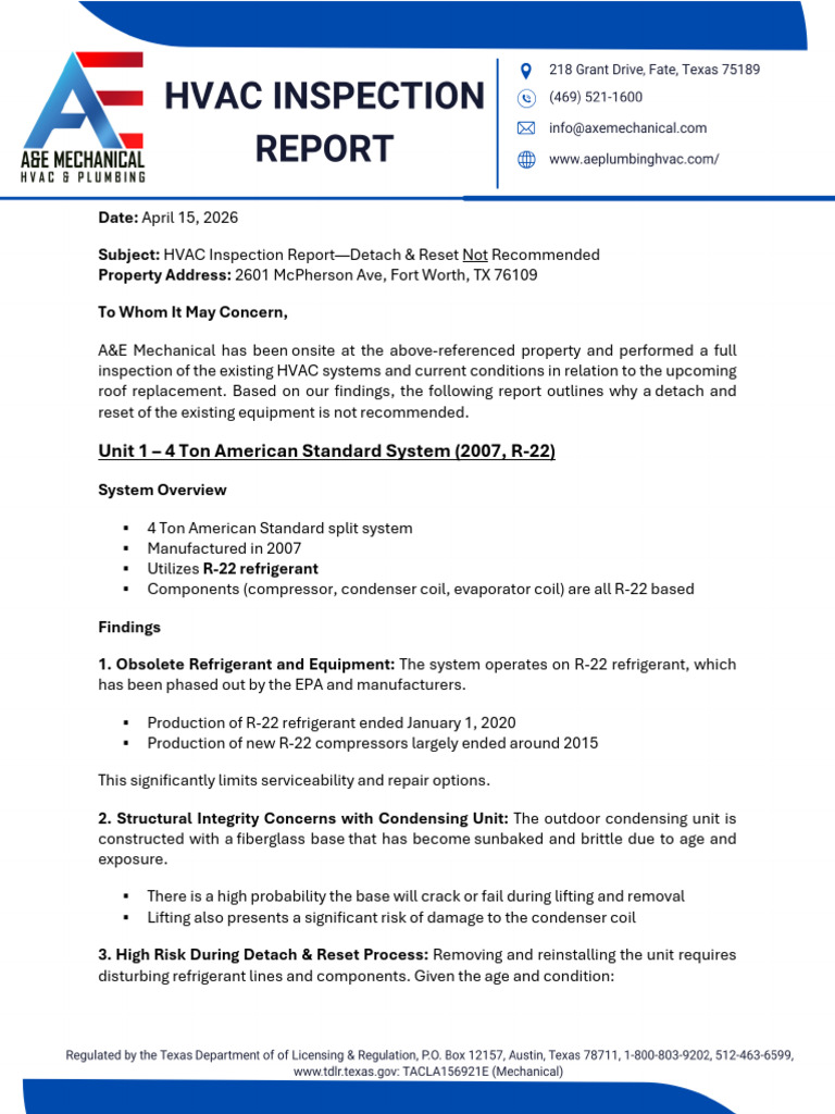 2026.04.15 HVAC Inspection Report - 2601 McPherson Ave, Ft Worth | PDF ...