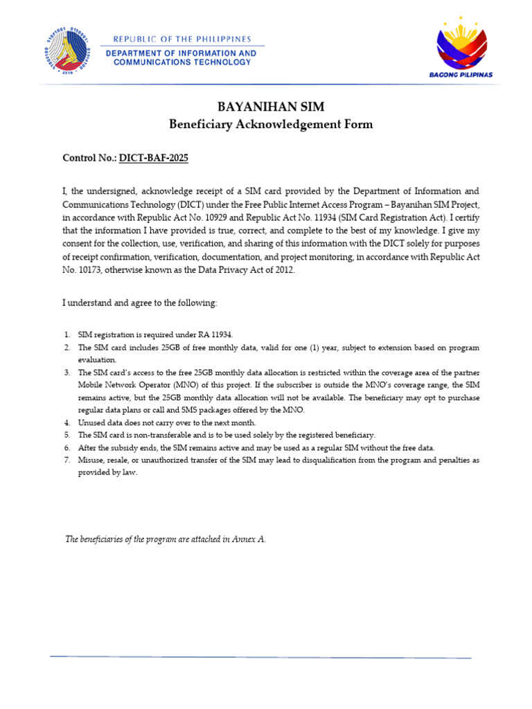 Bayanihan Sim Beneficiary Acknowledgment Form_Annex Version_V5 | PDF