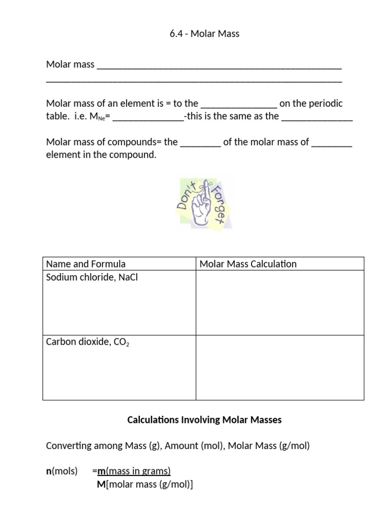 Section 6.4 the Mole and Molar Mass (Student) | PDF