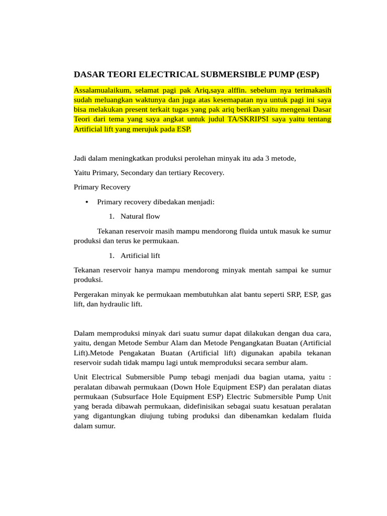Dasar Teori Electrical Submersible Pump | PDF