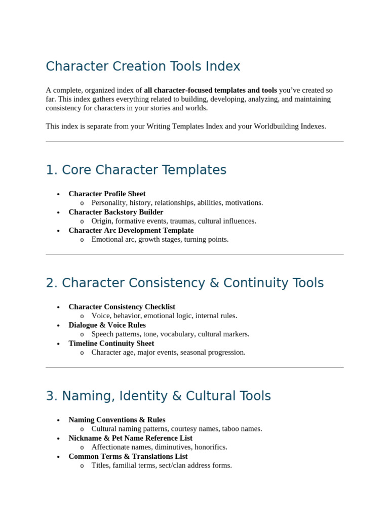 Character Creation Tools Index | PDF | Psychology