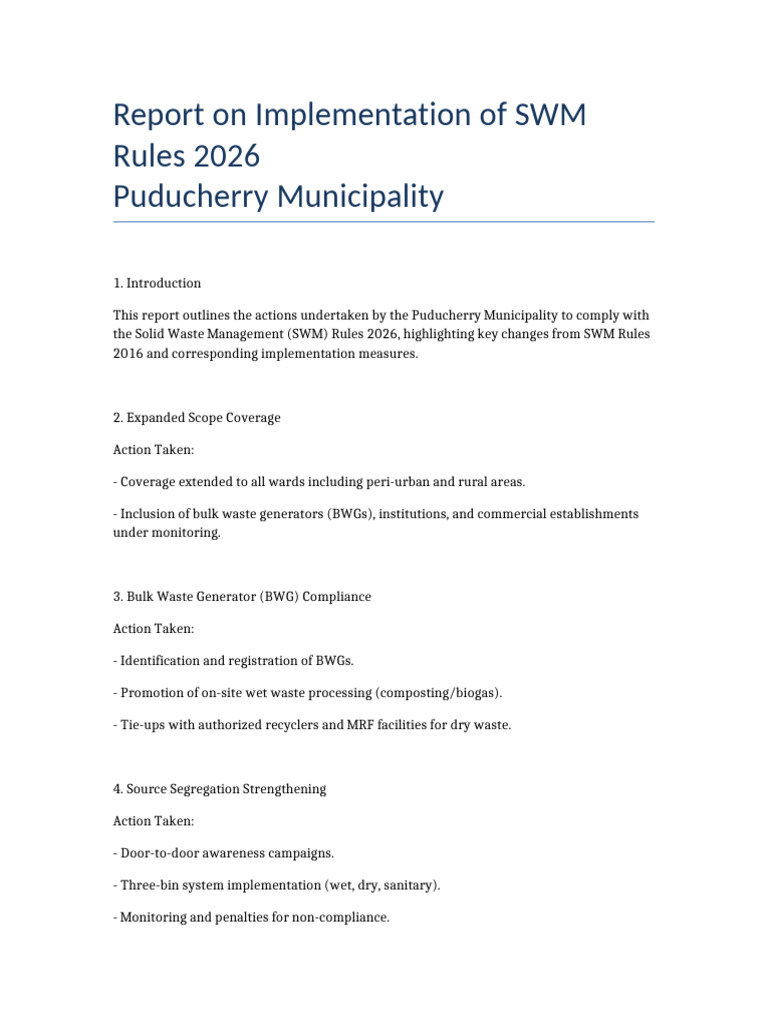 SWM 2026 Implementation Report Puducherry | PDF