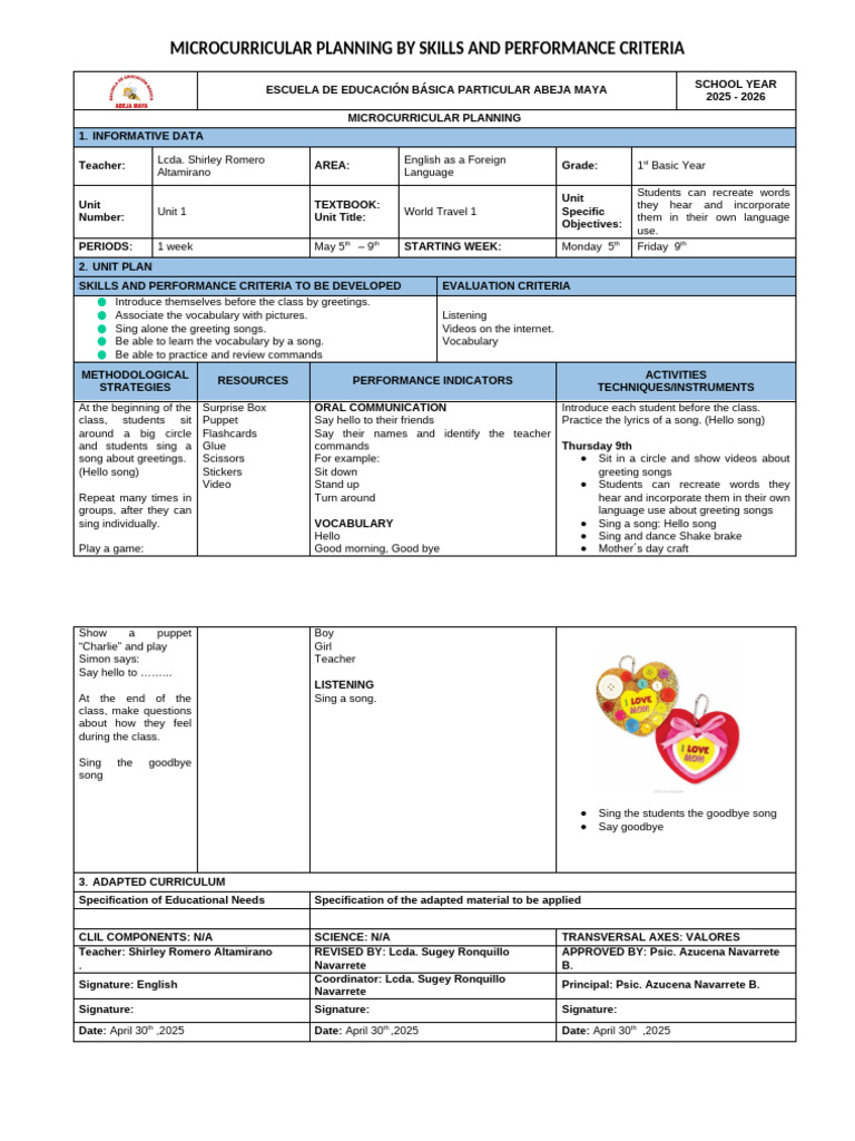 MICROCURRICULAR PLANNING BY SKILLS AND PERFORMANCE CRITERIA 1st Basic ...