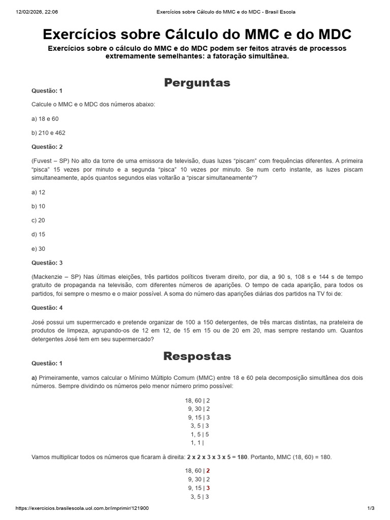 Exercícios Sobre Cálculo Do MMC e Do MDC - Brasil Escola | PDF