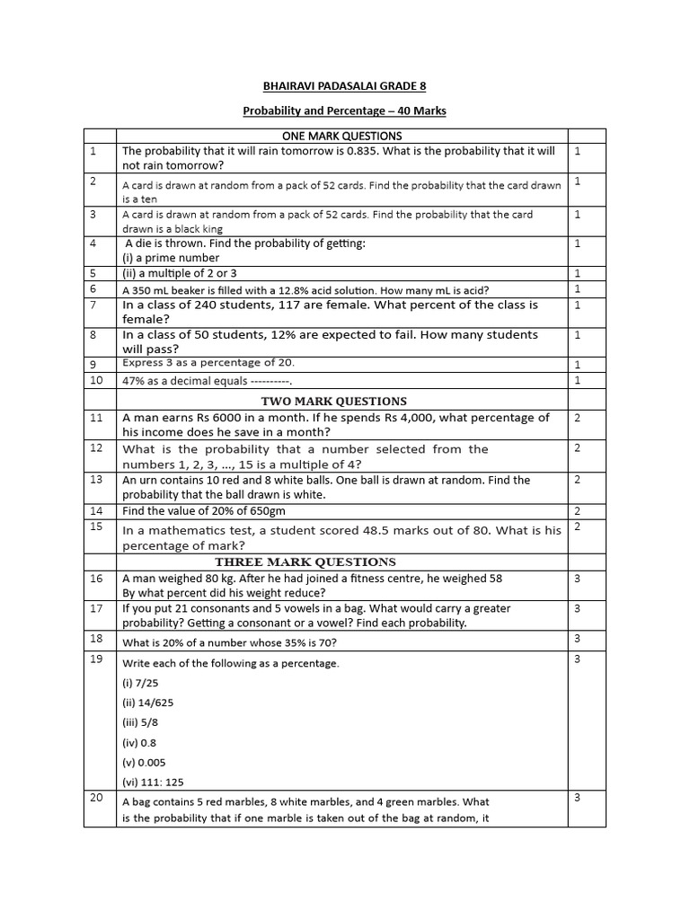 Grade 8 Test Prob and Percent | PDF | Percentage | Mathematics