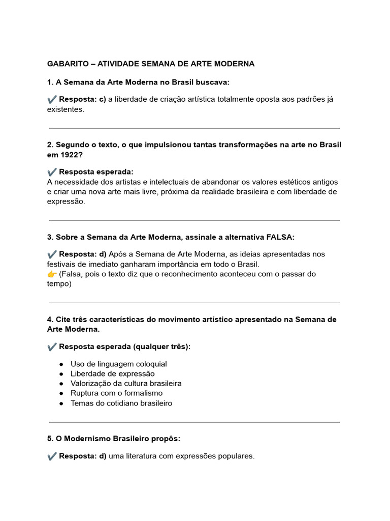 Gabarito - Atividade Semana de Arte Moderna | PDF