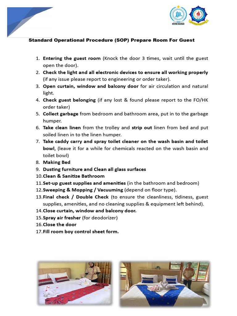 Standard Operational Procedure (SOP) Prepare Room for Guest | PDF