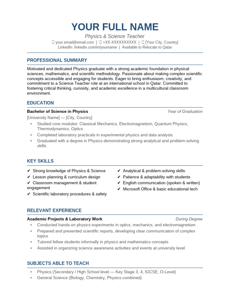 Physics Teacher CV Qatar-2 | PDF | Physics | Science