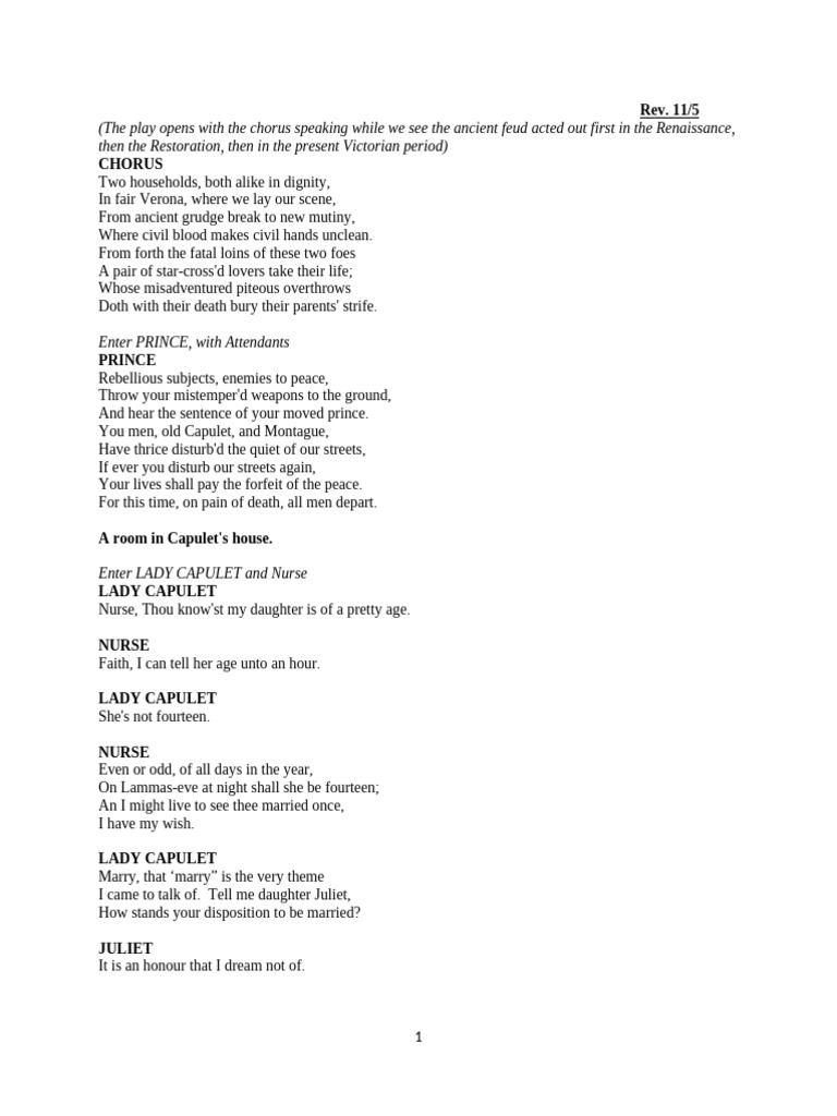 Romeo and Juliet Script One Act 2014 REV. 11-5 | PDF | Characters In ...