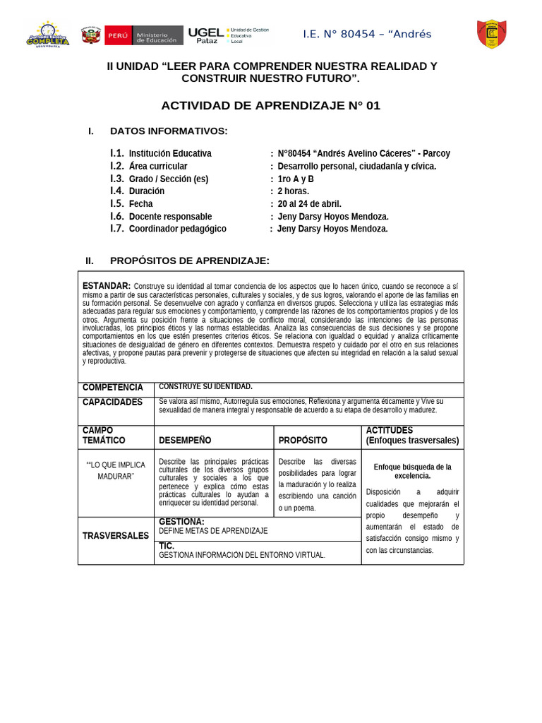 1ra Sesión DPCC -II Unidad - 2026 (2) | PDF | Aprendizaje | Evaluación