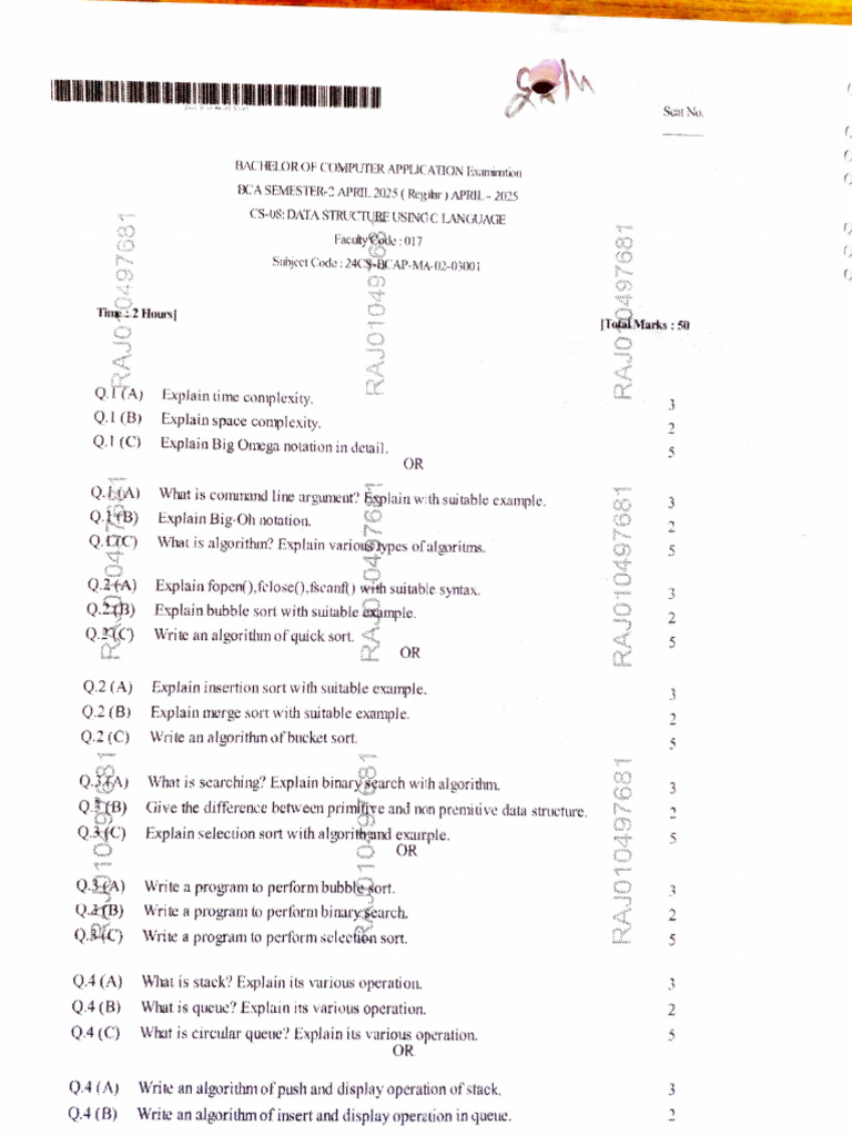 BCA 2(2025)AllSubjectsPaper | PDF | Algorithms And Data Structures