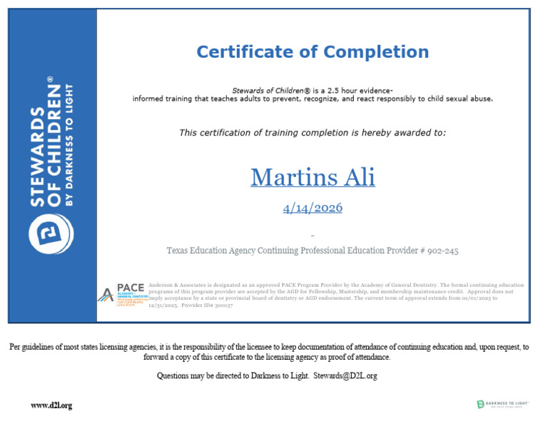 Darkness to Light - Stewards of Children - Certificate | PDF