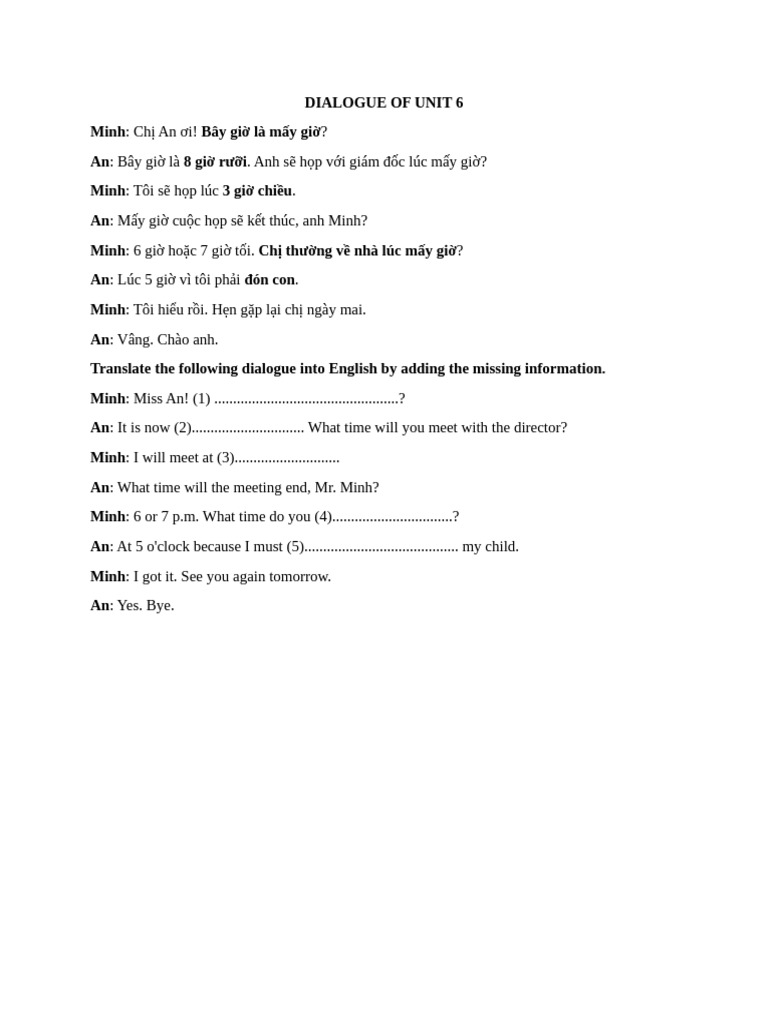 Dialogue of Unit 6 | PDF