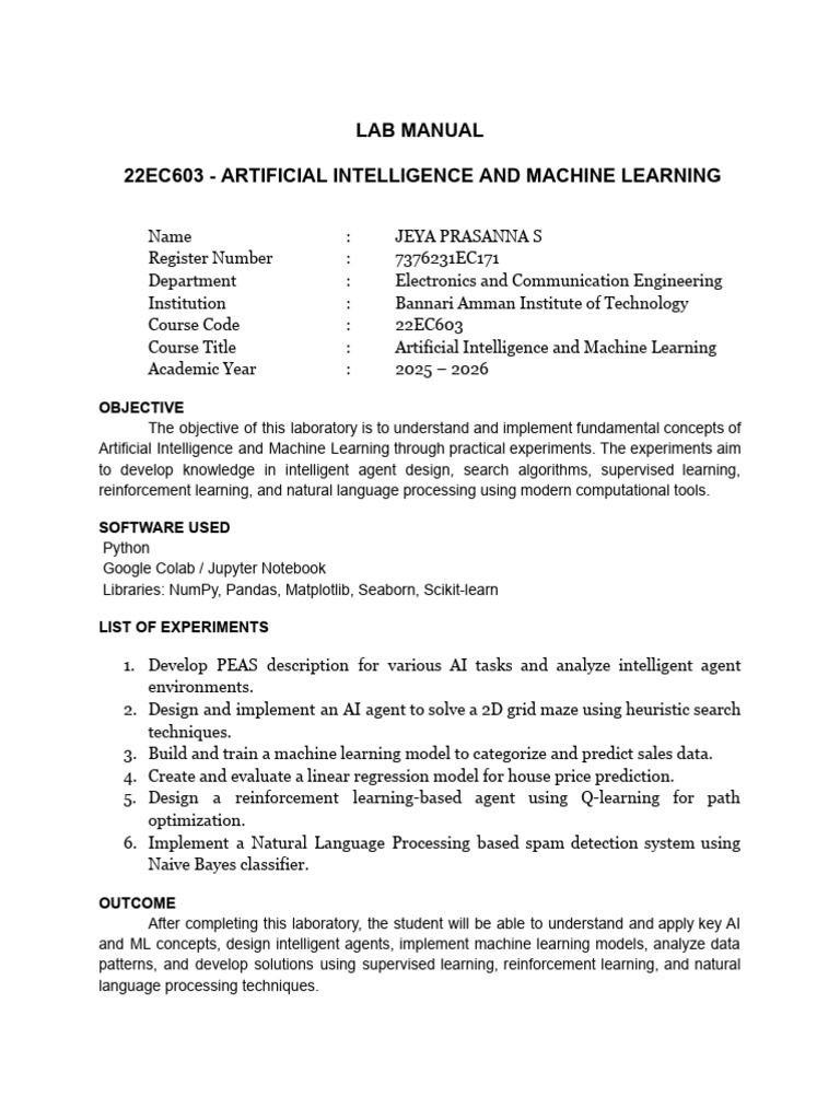 22ec603 - Aiml - Lab Record - Final | PDF | Artificial Intelligence ...