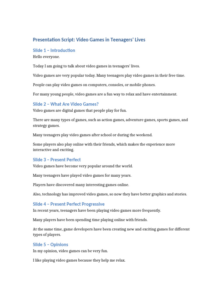 Video Games Presentation Script | PDF