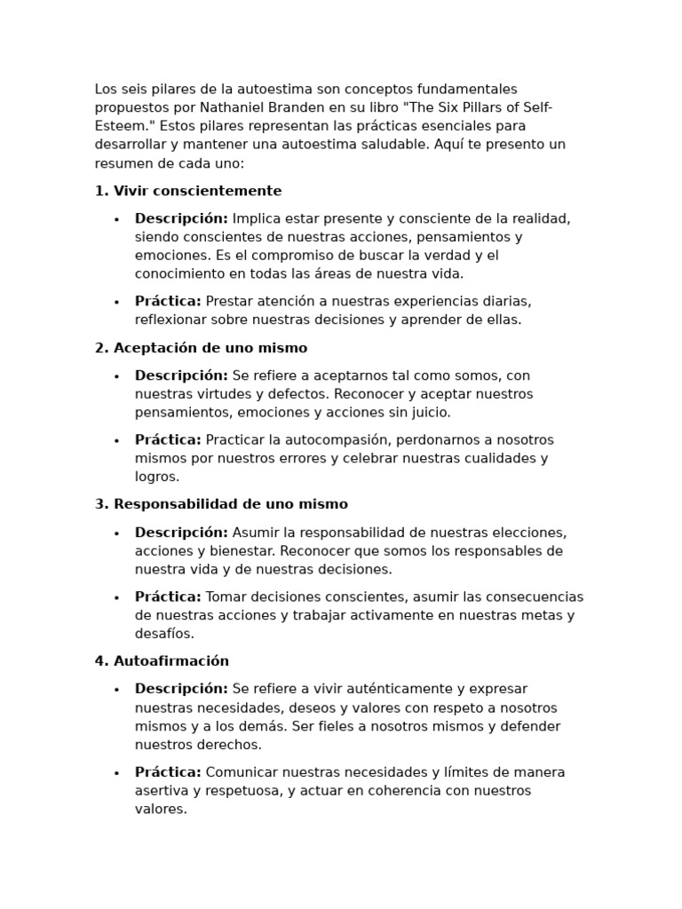 Los Seis Pilares de La Autoestima Son Conceptos Fundamentales ...