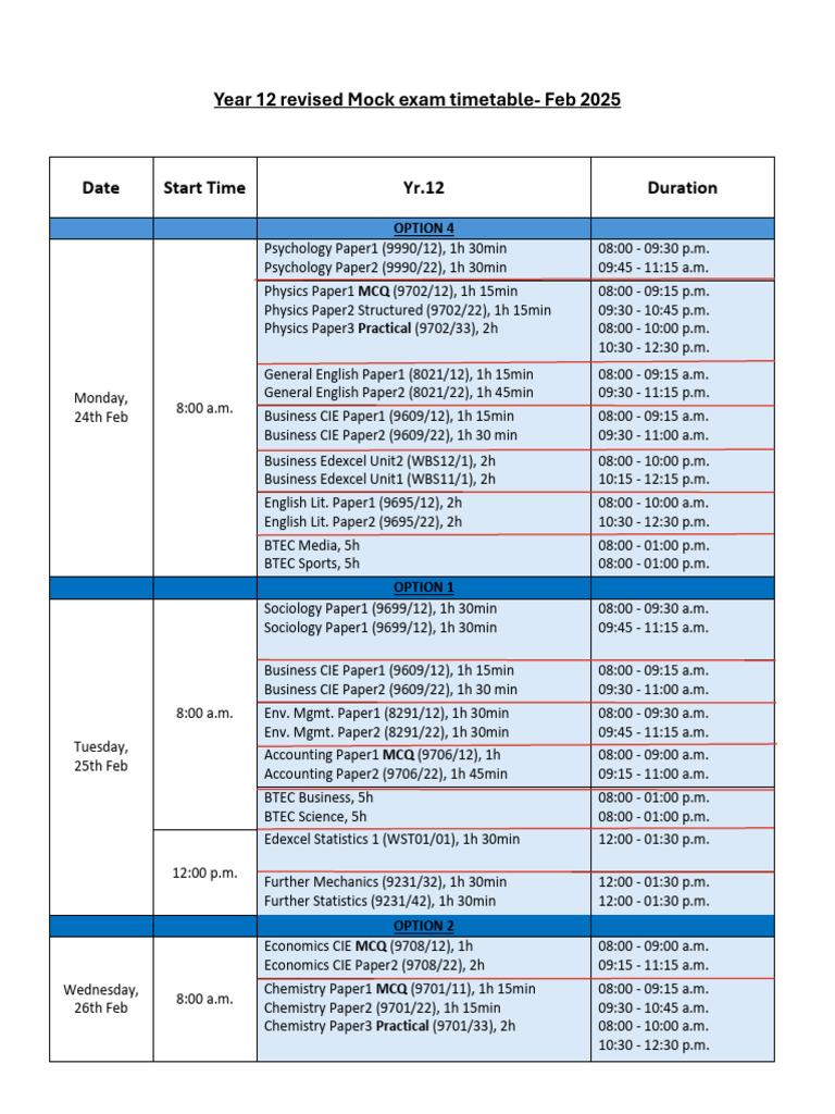 Year 12 Revised Mock Exam Timetable | PDF