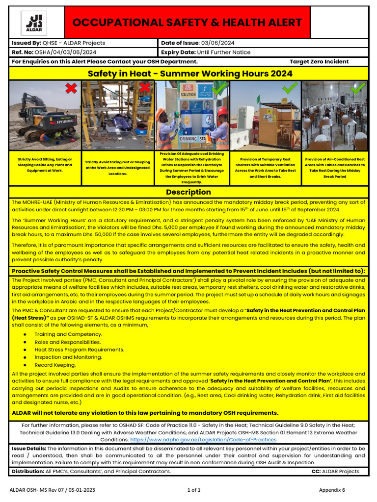 ALDAR Projects - OSH ALERT Safety in Heat - Summer Working Hours 2024 ...