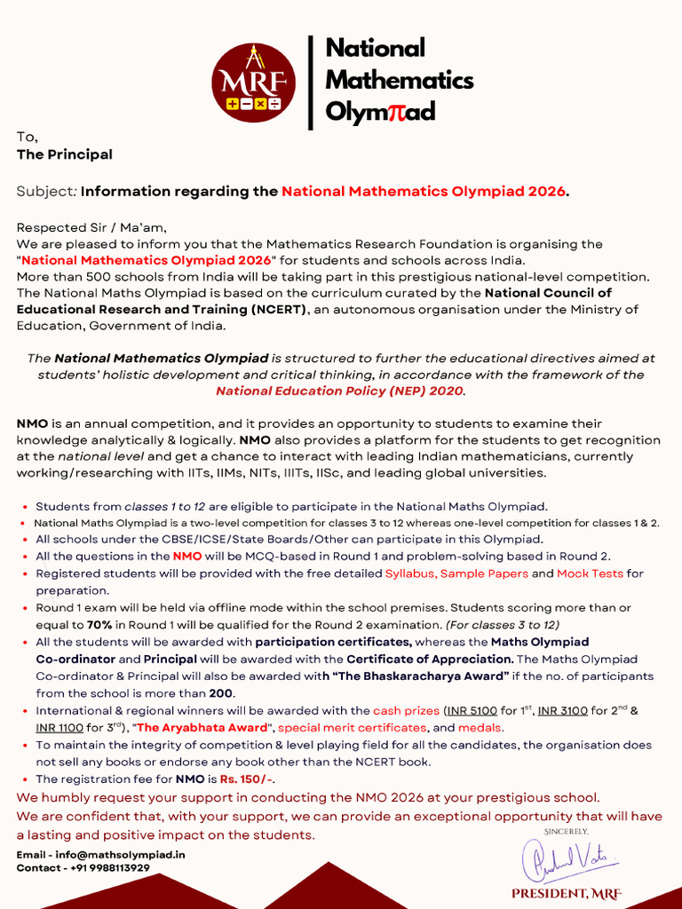 National Maths Olympiad 2026 - Info Brochure | PDF