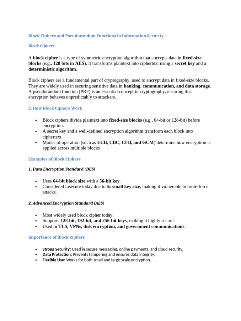 Block Ciphers and Pseudorandom Functions in Information Security | PDF ...