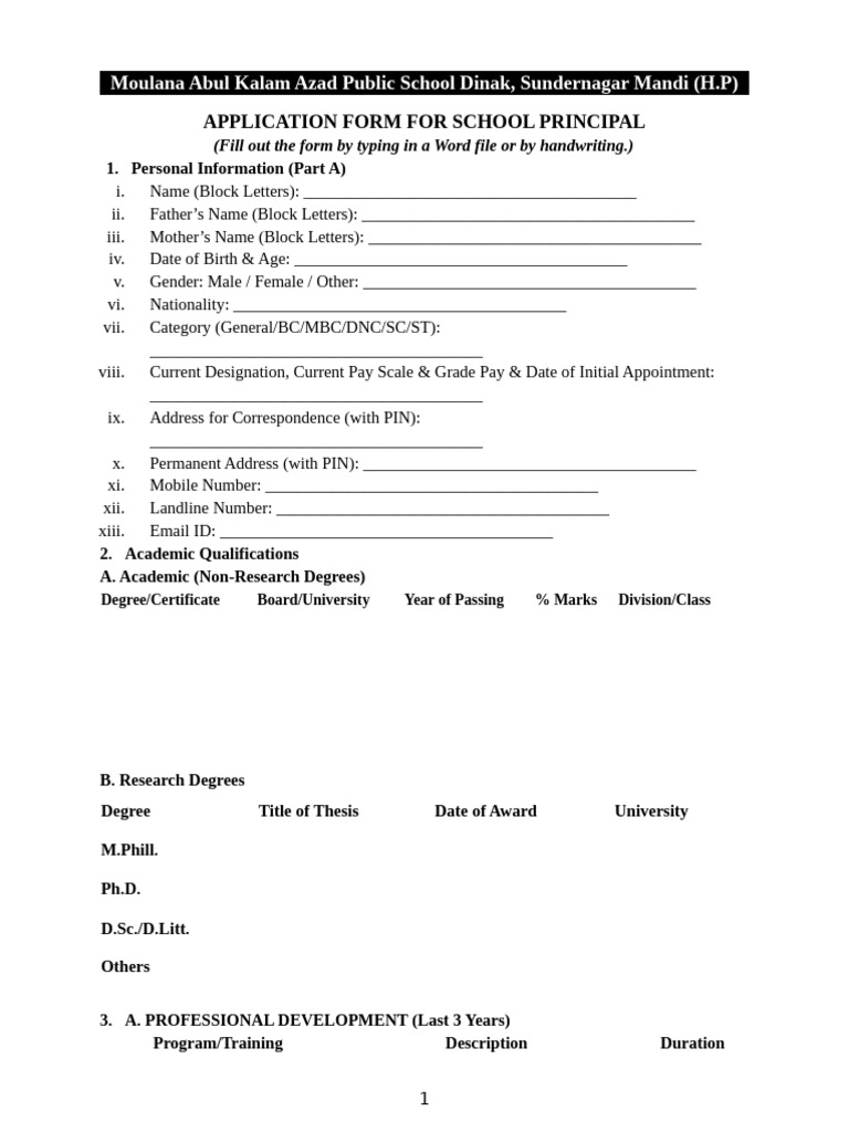 APPLICATION FORM FOR SCHOOL PRINCIPAL | PDF