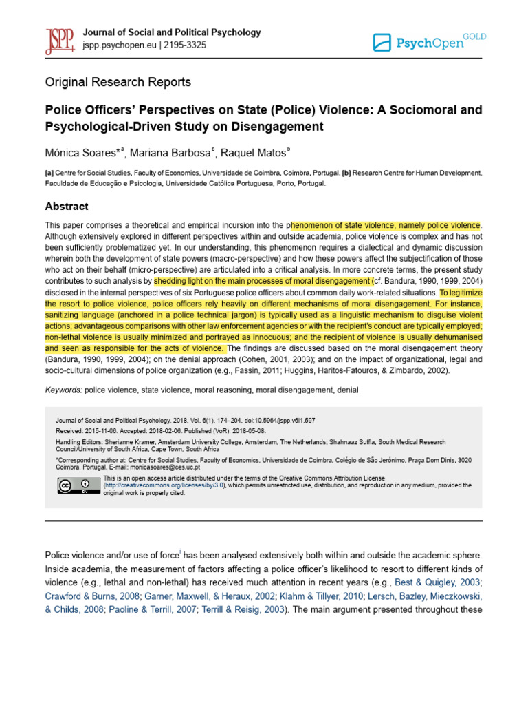 Police Officers’ Perspectives on State (Police) Violence a Sociomoral ...