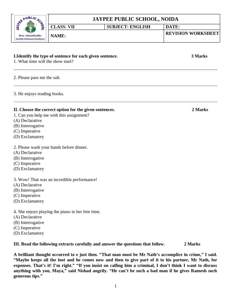 Class Vii Worksheet Revision Docx | PDF