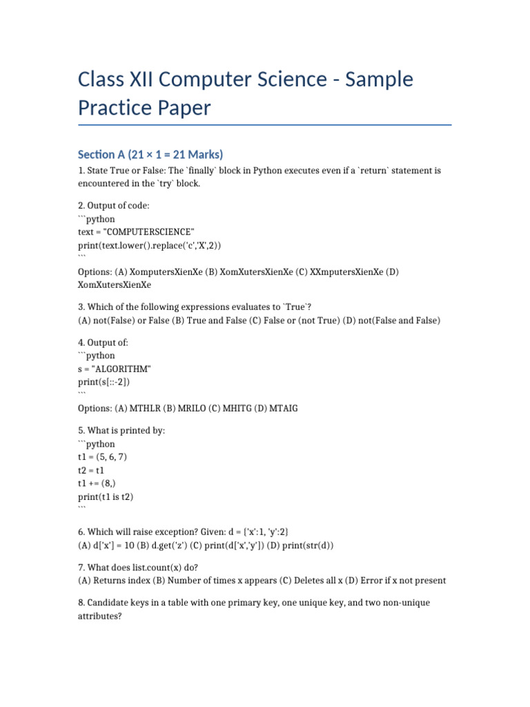 Class12 CS Sample Practice | PDF | Table (Database) | Transmission ...