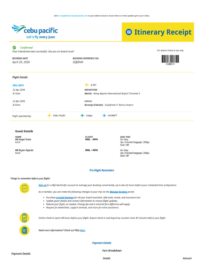 Itinerary Receipt - April 20,2026- Angel Bryan | PDF