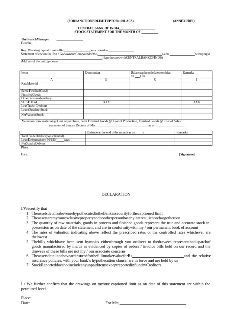 Stock Statement Formats-2 (1) | PDF | Valuation (Finance) | Invoice