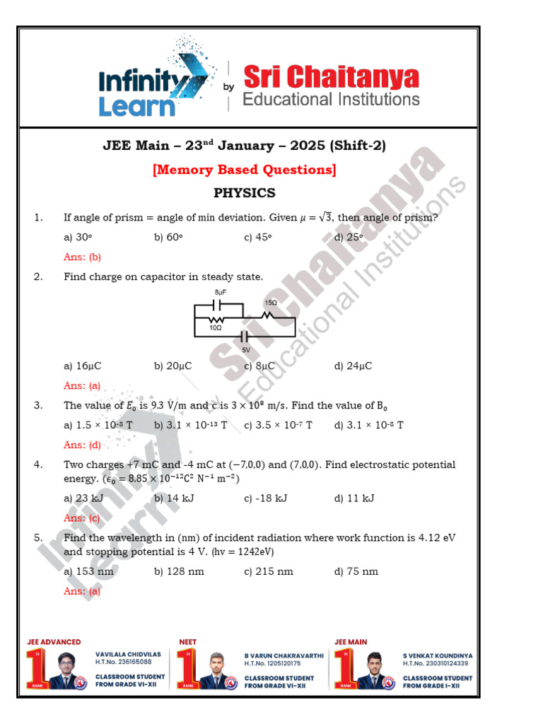 jee main shift - 2 23 jan 2025 | PDF | Nickel | Kinetic Energy