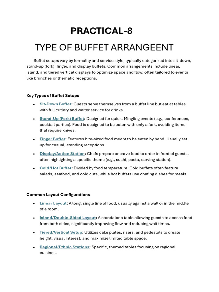 Practical 8 Type of Buffet Arrangement | PDF | Buffet | Tableware
