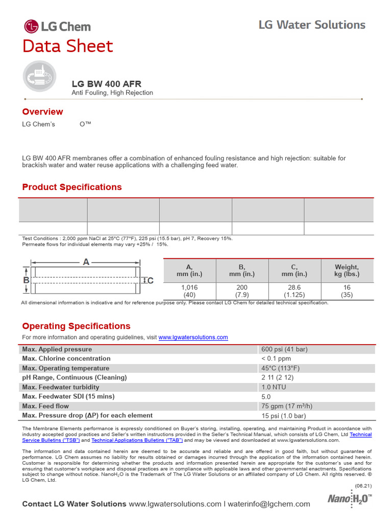 Datasheet LG BW 400 Afr Eng | PDF | Membrane | Process Engineering