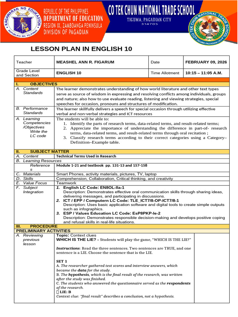 Parts of Research - Lesson Plan | PDF | Survey Methodology | Methodology