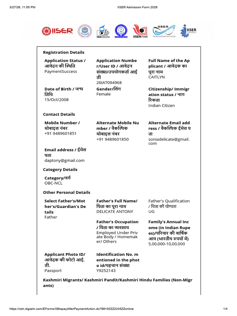 IISER Admission Form 2026 | PDF