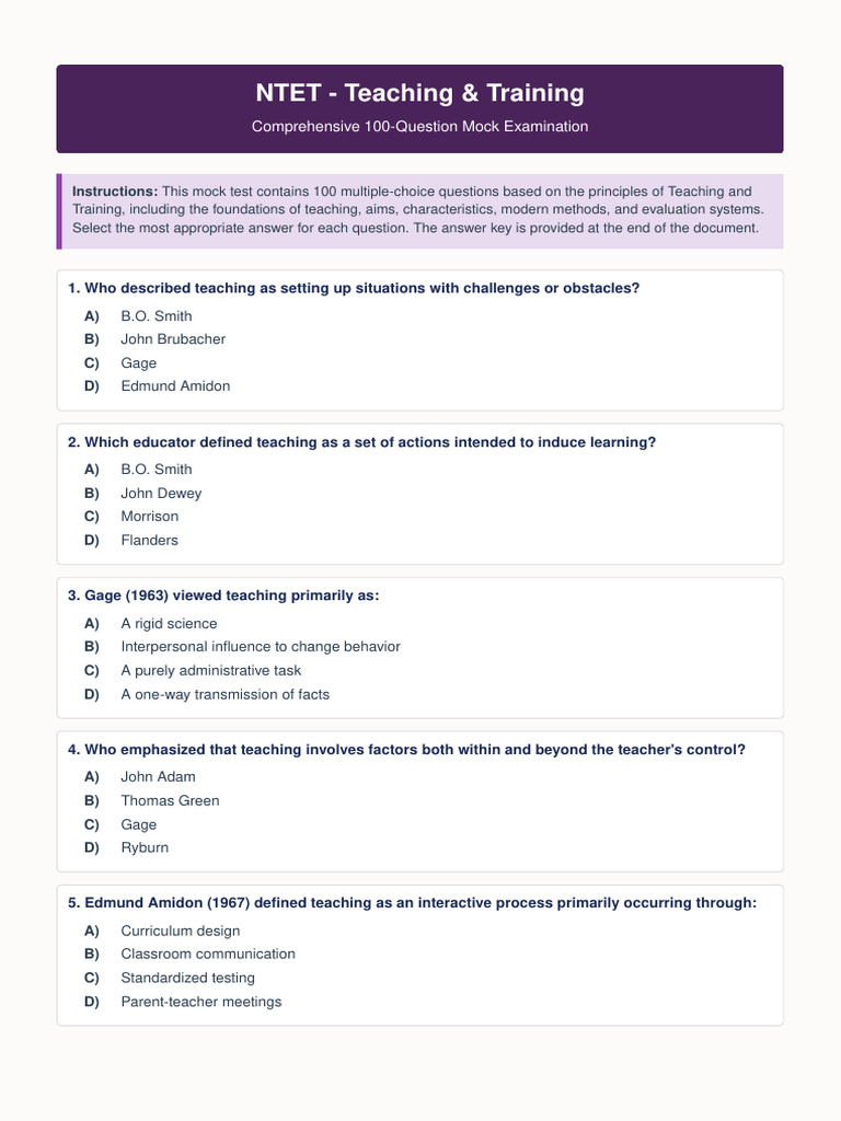 NTET Teaching and Training 100 Mock Test | PDF | Learning | Teachers