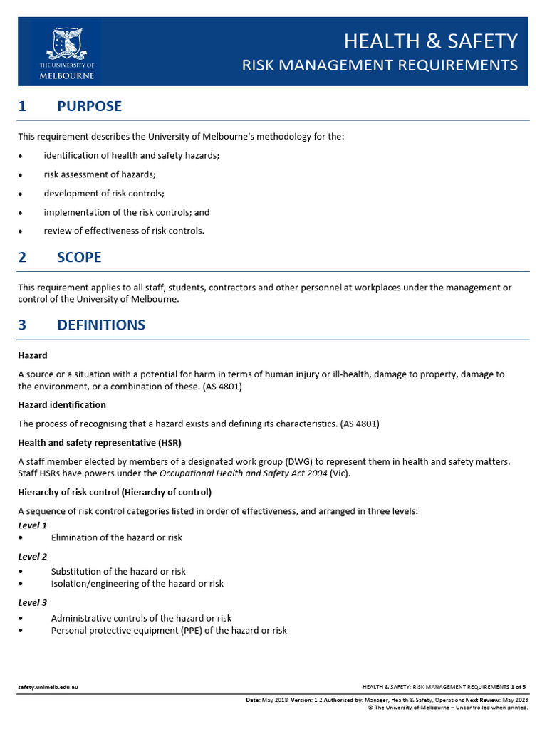 University of Melbourne Risk Assessment Requirements | PDF ...