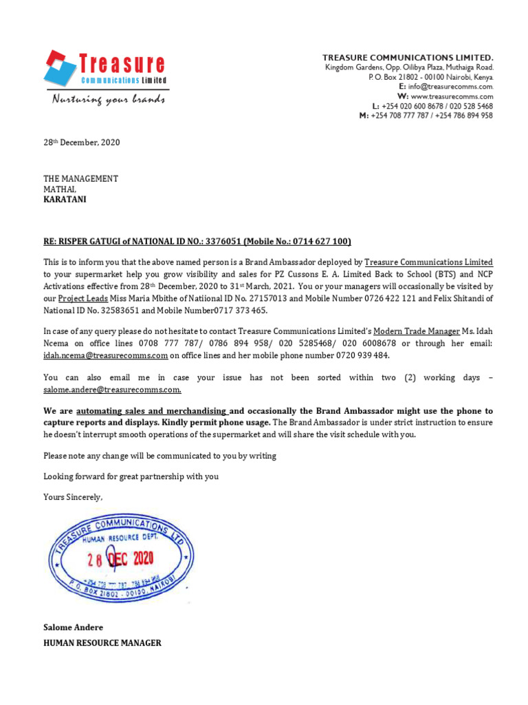 Introduction Letter PZ Cussons... Risper Gatugi | PDF