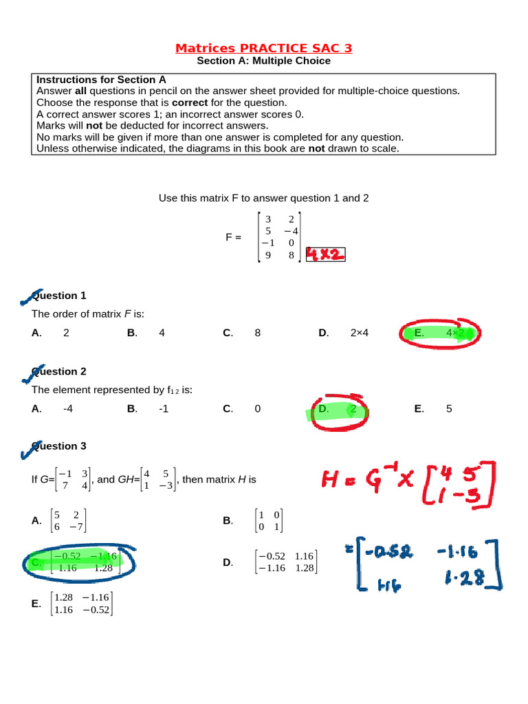 Year 11GM Matrices Practice SAC 3 - Answers | PDF | Multiple Choice ...