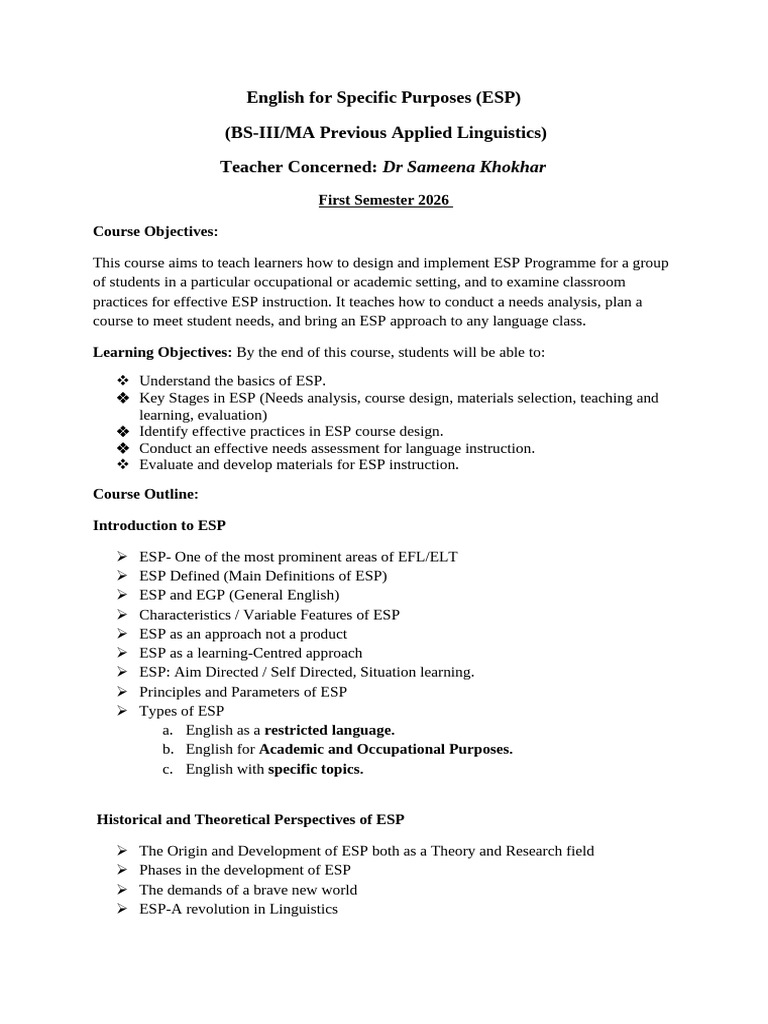 Course Outline ESP 2026 1st sem | PDF | Learning | Educational Assessment