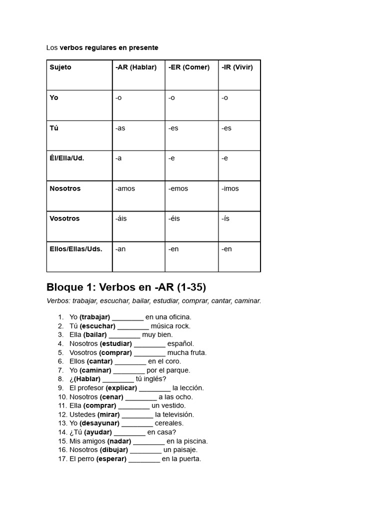 Los verbos regulares en presente (1) | PDF