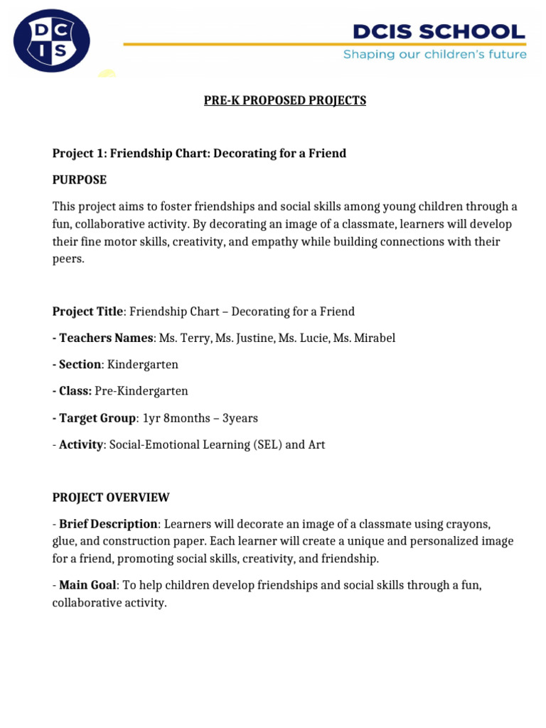 Pre-K Proposed Projects | PDF | Learning | Creativity