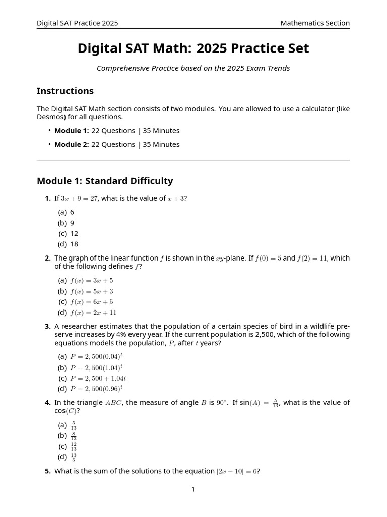 SAT Math 2025 Practice Collection | PDF | Sat | Mathematics