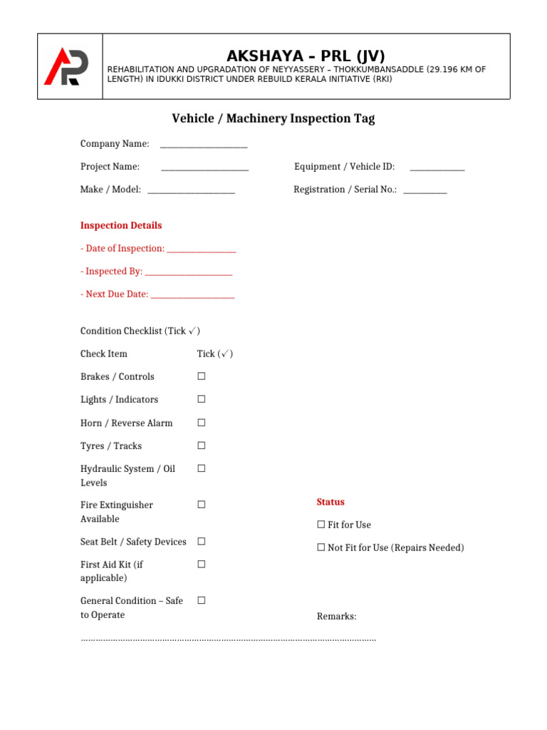 Inspection Tag Vehicles Machines | PDF