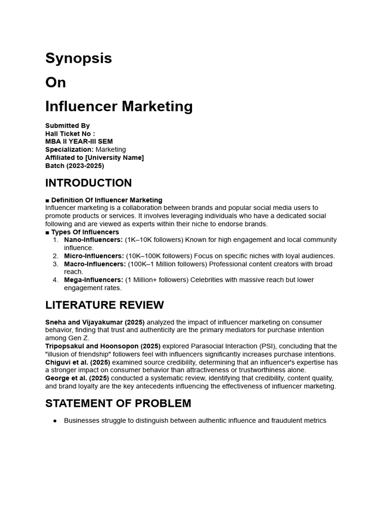Synopsis On Influencer Marketing | PDF