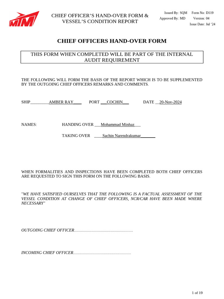 CO Handover Report Nov 2024 FORM_1458 | PDF | Pump | Ships