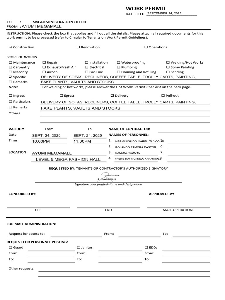 w.permit - Delivery of Furn Ayumi | PDF | Firefighting | Fires